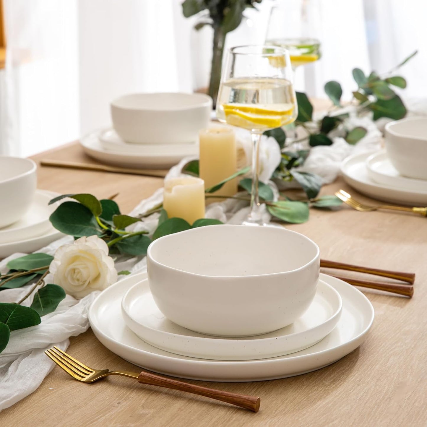 AmorArc Ceramic Dinnerware Sets, Wavy Rim Stoneware Plates and Bowls Sets, Highly Chip and Crack