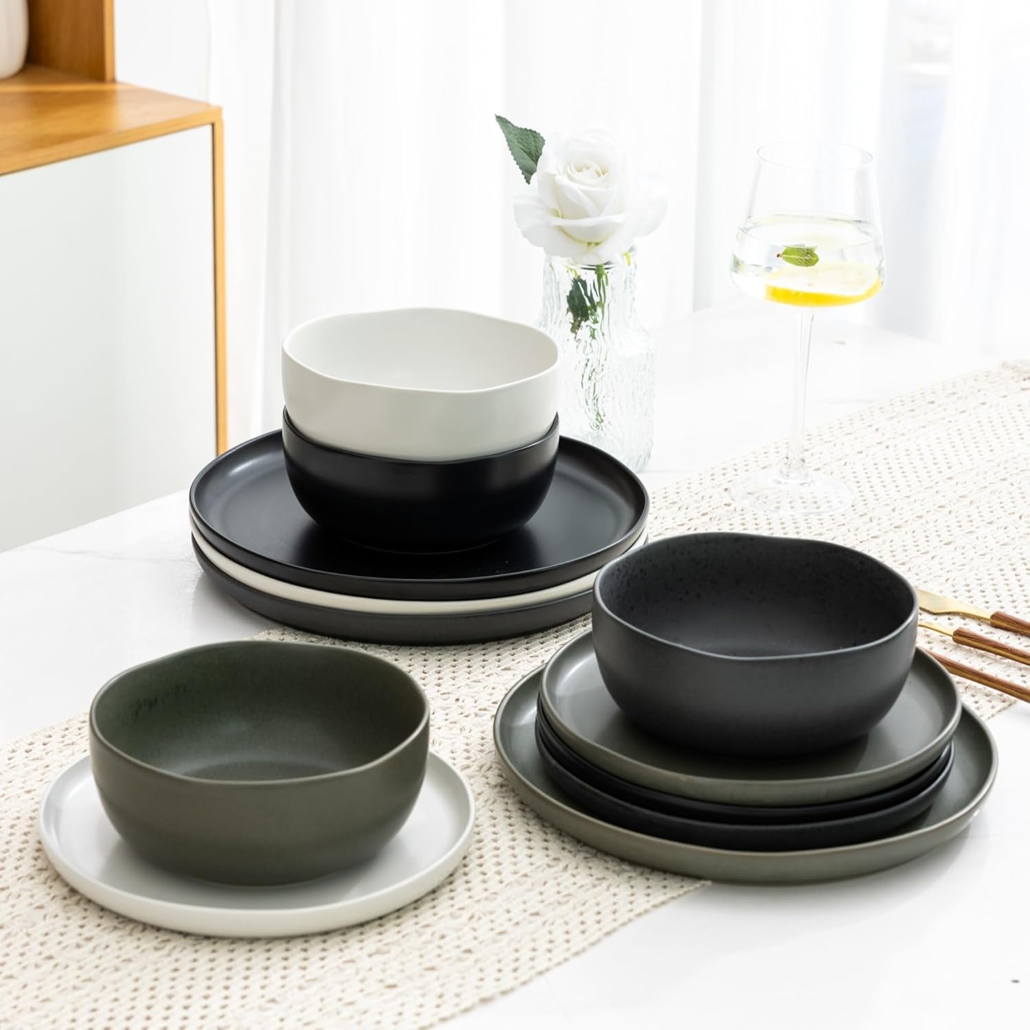 AmorArc Ceramic Dinnerware Sets, Wavy Rim Stoneware Plates and Bowls Sets, Highly Chip and Crack