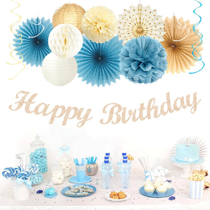 Light-Dusty Blue Beige-Champagne Women Birthday-Decorations - 21pcs Boho Neutral Happy Banner