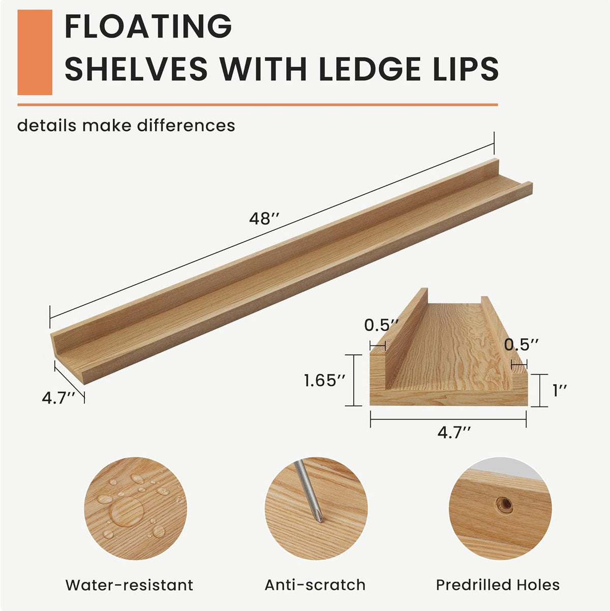 Solid Ash Wood Picture Ledge Shelf, Wood Floating Shelves Set of 2, 48 Inch Long Large Photo Ledge