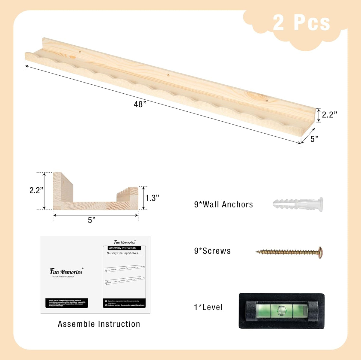 Fun Memories Picture Ledge Shelf for Wall, 48 inch Pine Wood Nursery Book Shelves Set of 2- Wall