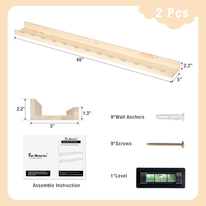 Fun Memories Picture Ledge Shelf for Wall, 48 inch Pine Wood Nursery Book Shelves Set of 2- Wall