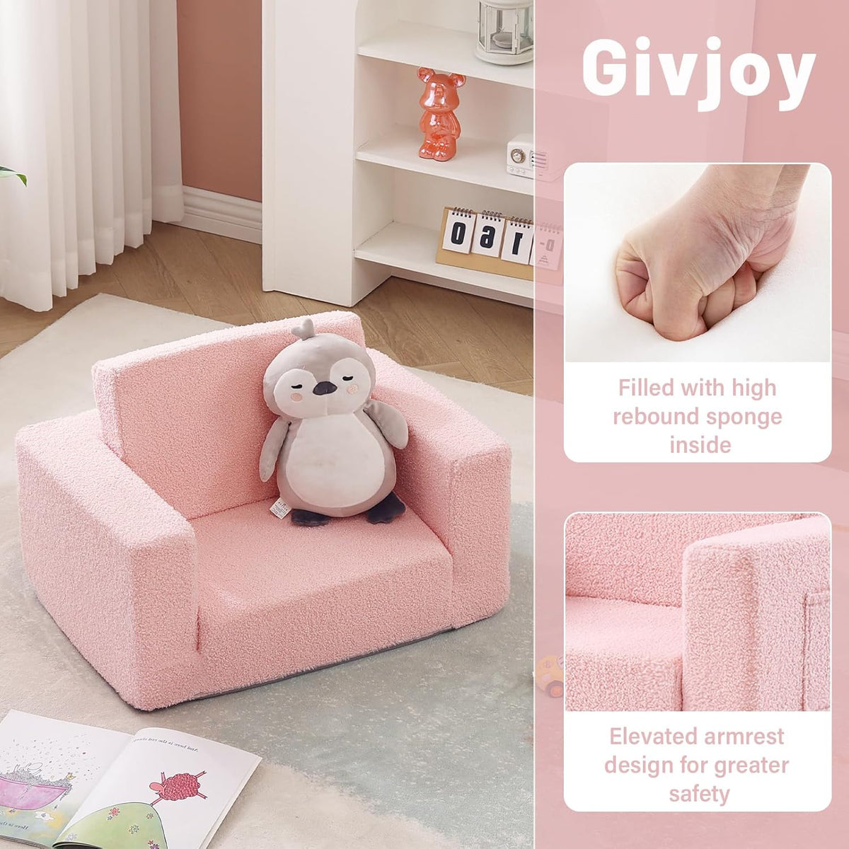 2-in-1 Toddler Chair Sherpa Couch - Soft Kids Lounger for Bedroom, Convertible Sofa for Girls and