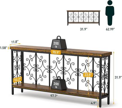 ikkle 70.9" Extra Long Console Table, Industrial Narrow Sofa Table Behind Couch with 2 Tier Storage