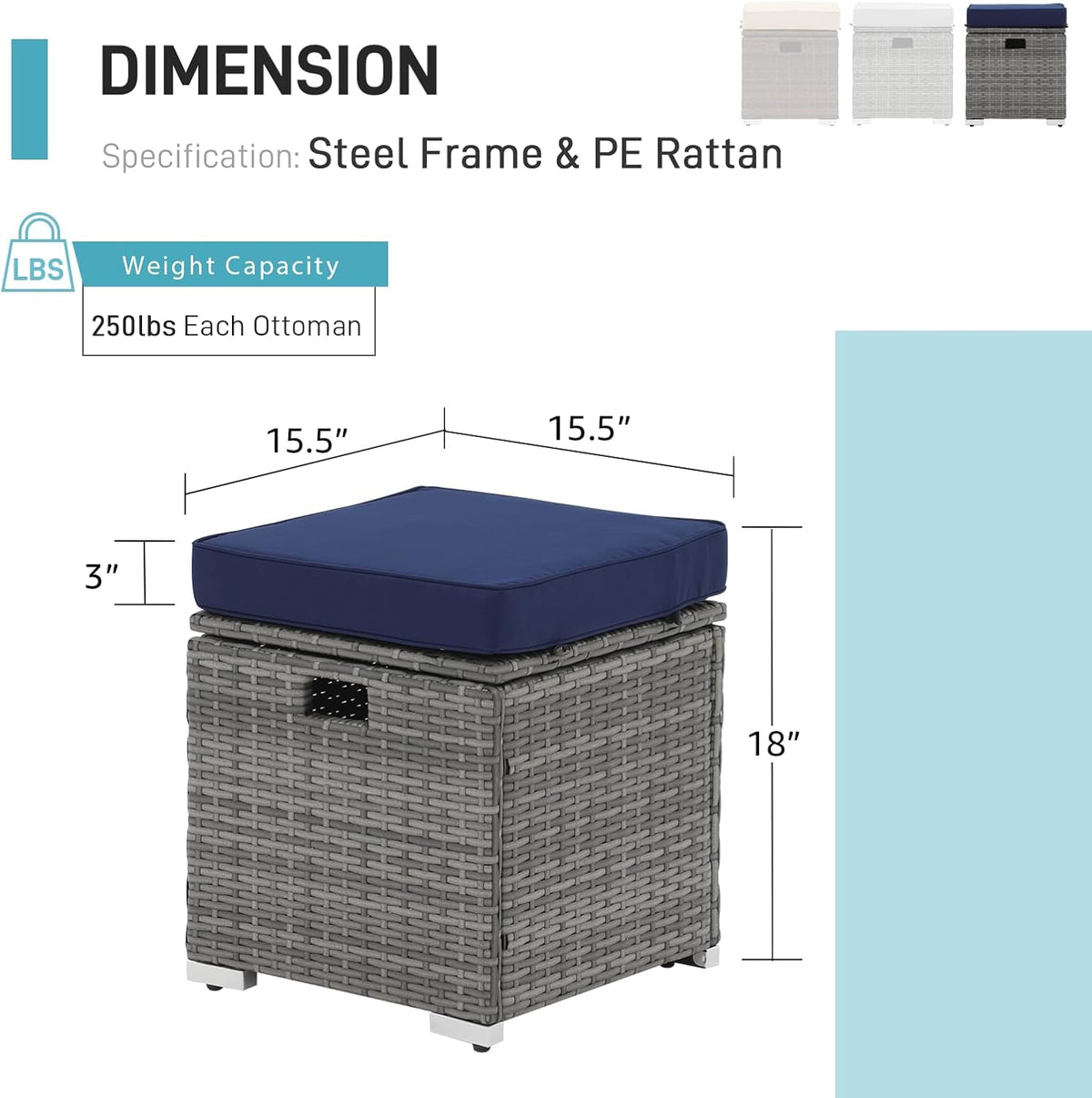 Patiorama 2 Piece Outdoor Patio Ottomans,All-Weather Grey PE Rattan Wicker Ottoman with