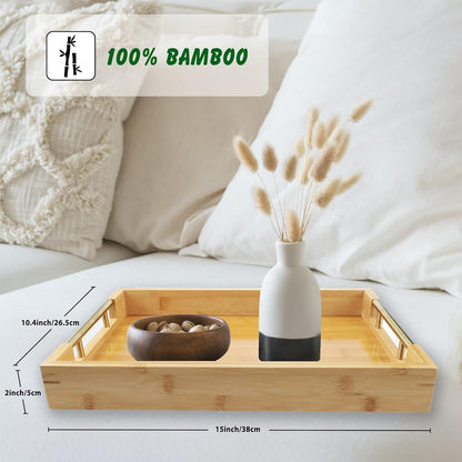 Bamboo Wood Serving Tray with Gold Polished Metal Handles, Decorative Tray Platter Coffee Table