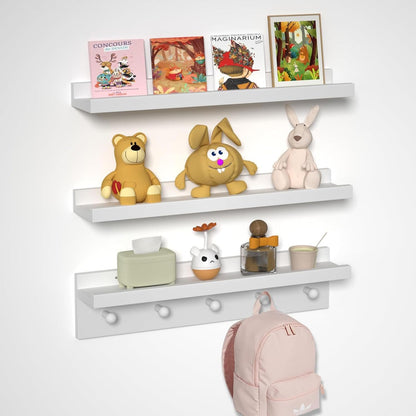 MBYD Picture Shelf Ledge, 24 Inch Floating Shelves for Wall, Nursery Book Shelves with Hooks Set of