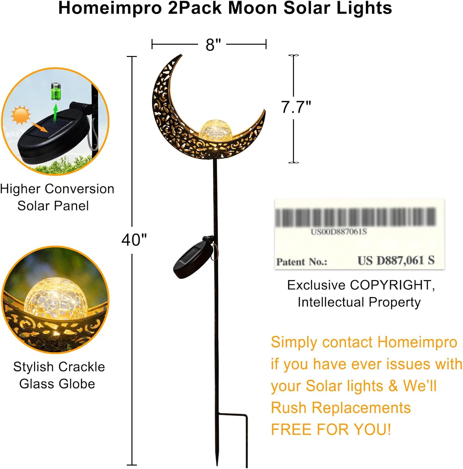 2Pack Moon Garden Solar Lights Outdoor Stakes Waterproof, Gifts for Mom, Crackle Glass Patio