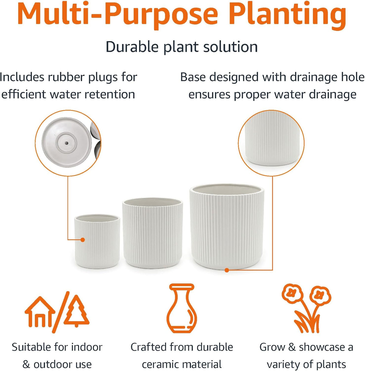 Amazon Basics Assorted Sizes Fluted Ceramic Round Indoor Outdoor Planters with Drainage, Set of 3