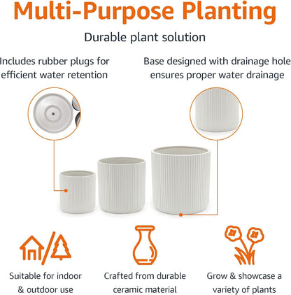 Amazon Basics Assorted Sizes Fluted Ceramic Round Indoor Outdoor Planters with Drainage, Set of 3