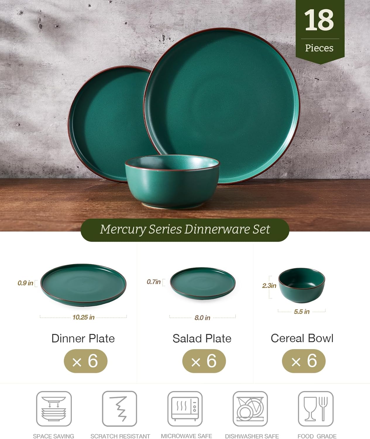 Famiware Mercury Plates and Bowls Sets, 18 Pieces Stoneware Dinnerware Sets, Dishes Set for 6