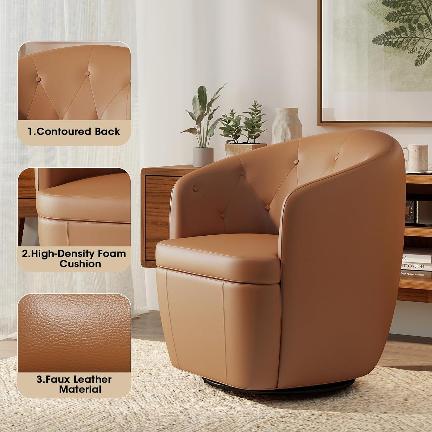360° Swivel Leather Accent Chair, Modern Barrel Club Chair with Leather Upholstery and Sturdy Base