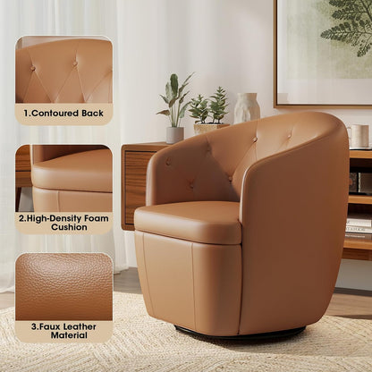 360° Swivel Leather Accent Chair, Modern Barrel Club Chair with Leather Upholstery and Sturdy Base