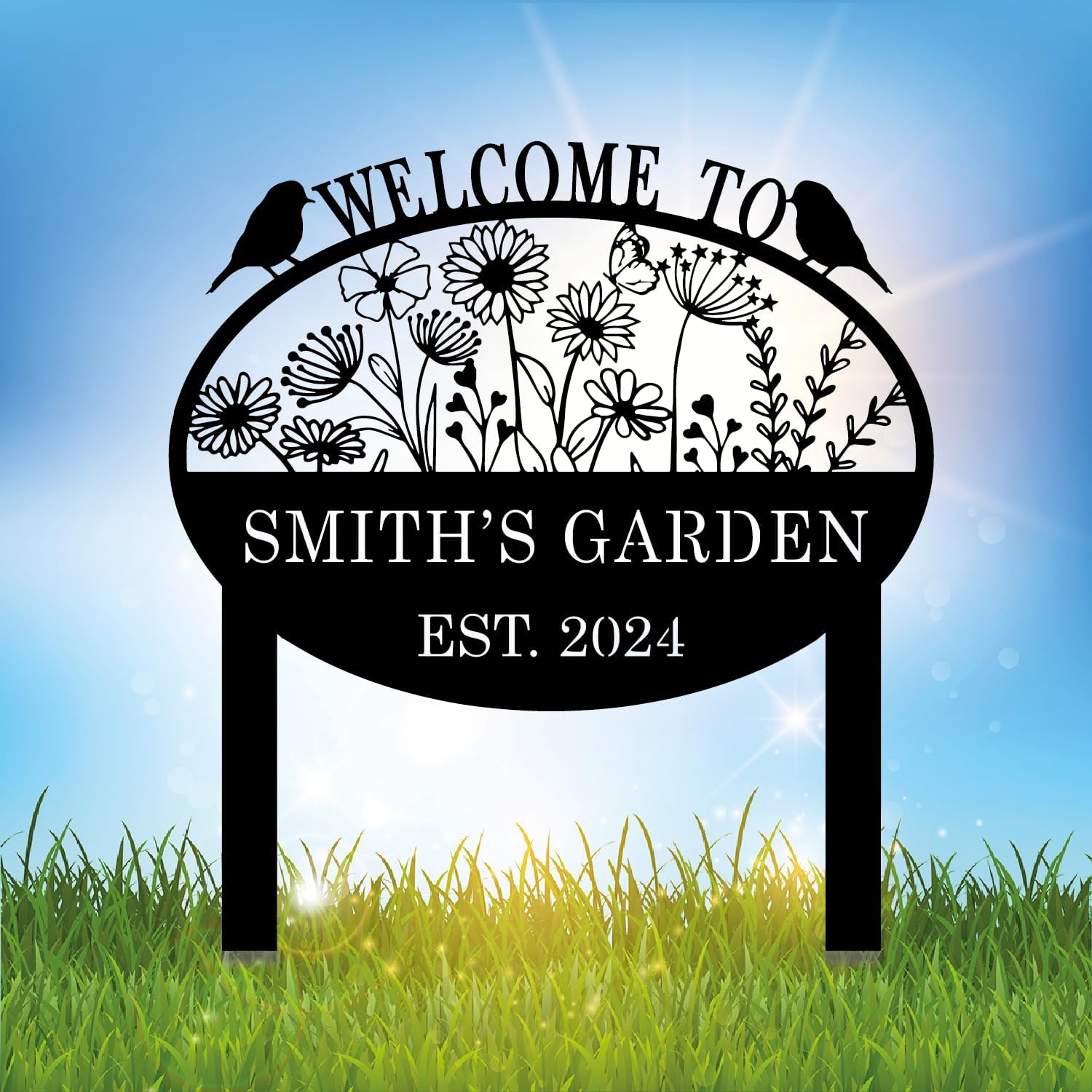 Custom Metal Flower Sign with Stakes - Personalized Garden Decor, Housewarming Gift - Large Yard