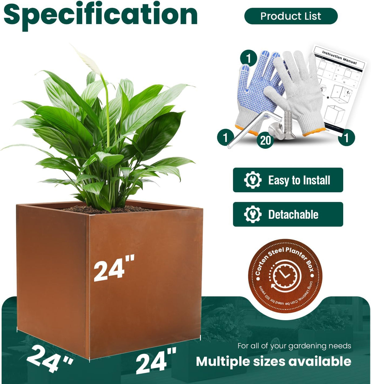 Corten Steel Planter Box Large Outdoor Planter Square Cube Planters Rustic Metal Garden Flower Pot