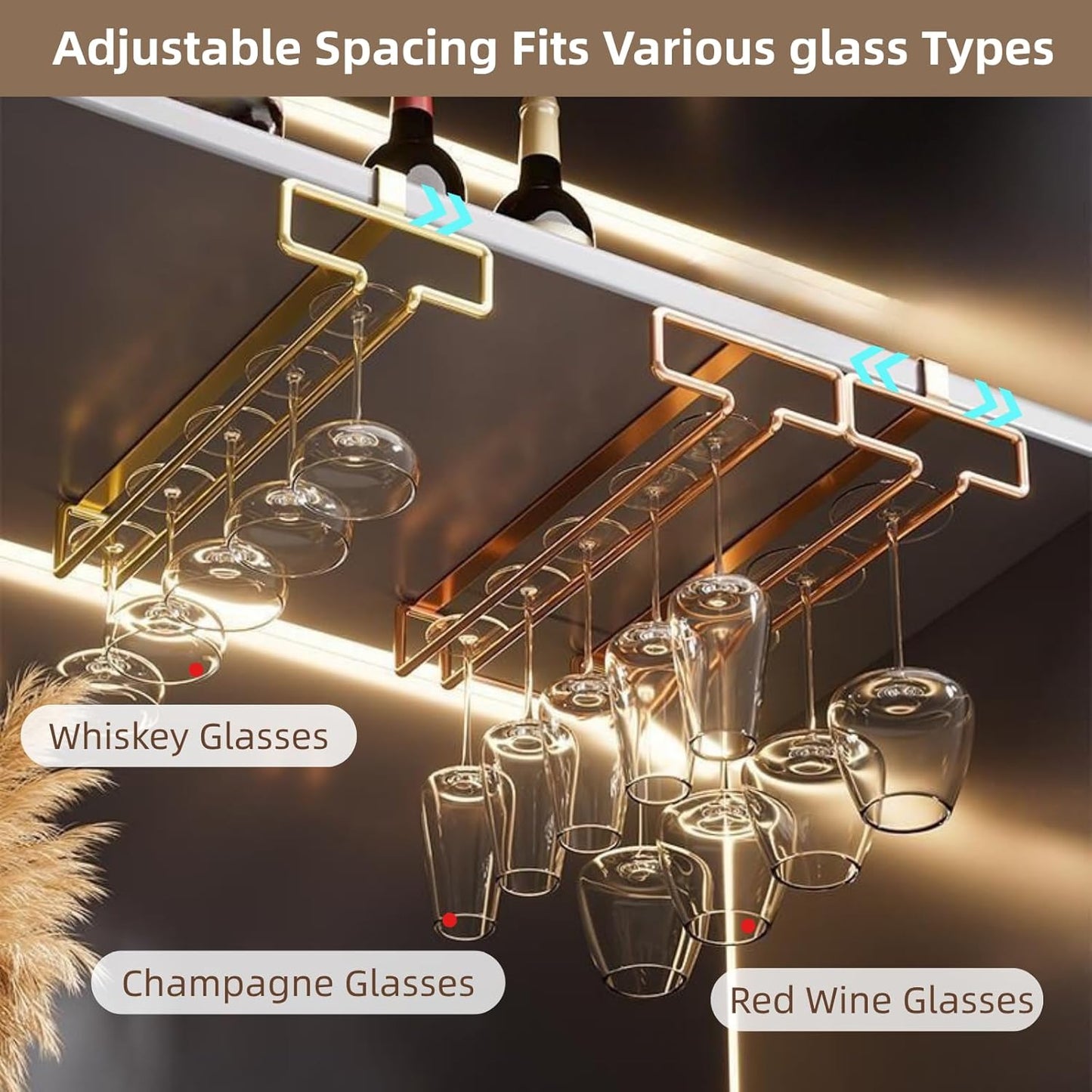 LINFIDITE 2 Pack Under Cabinet Wine Glass Rack Rose Gold Wine Glass Holder Stemware Rack Hanger