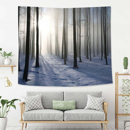 Winter Tapestry For Bedroom Path In Winter Forest On A Misty Morning Tapestries Wall Hanging For