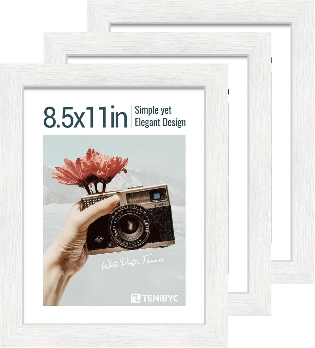 8.5x11 Picture Frame Set of 3 - White Woodgrain, Solid Wood & HD Tempered Glass, Table Display or