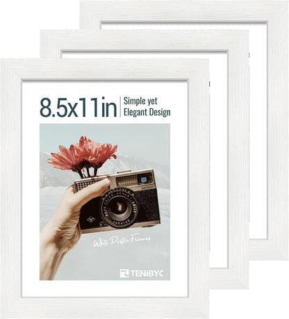 8.5x11 Picture Frame Set of 3 - White Woodgrain, Solid Wood & HD Tempered Glass, Table Display or