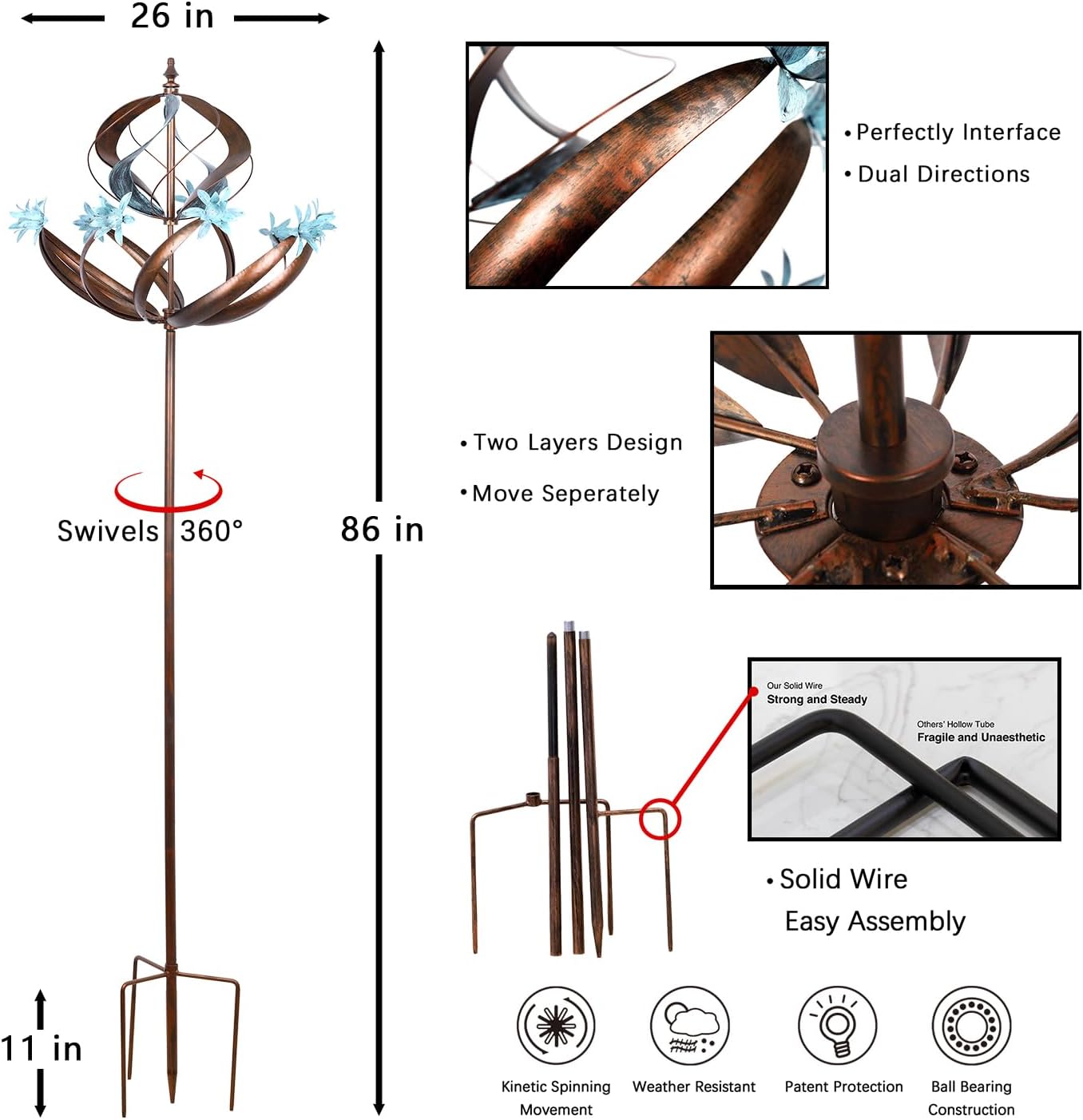 Wind Spinners Outdoor Metal - 86" Height Extra Large Kinetic Wind Spinner Sculpture for Yard and