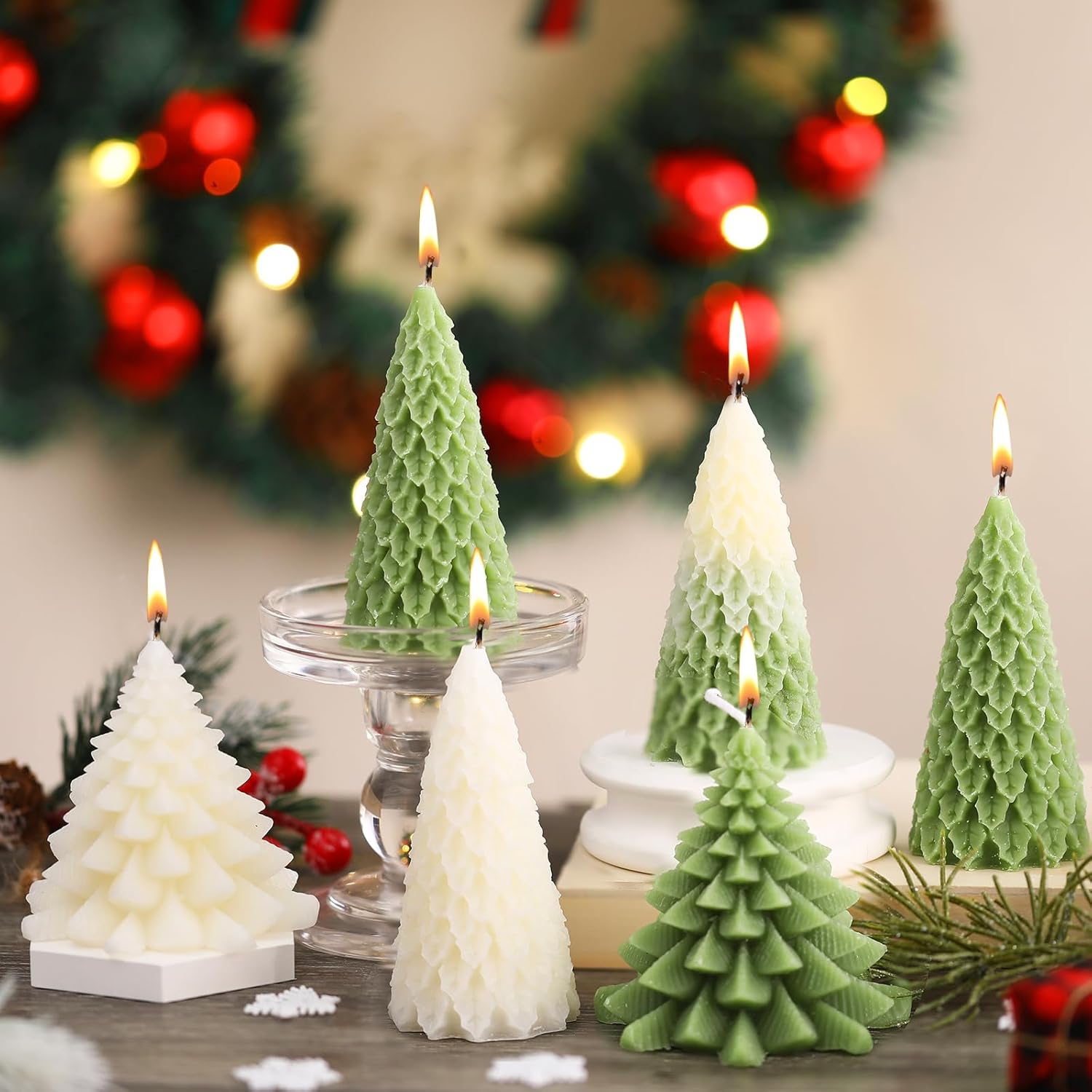 6 Pcs Christmas Tree Shaped Candles Xmas Wax Scented Candles White Green Decorative Christmas Tree