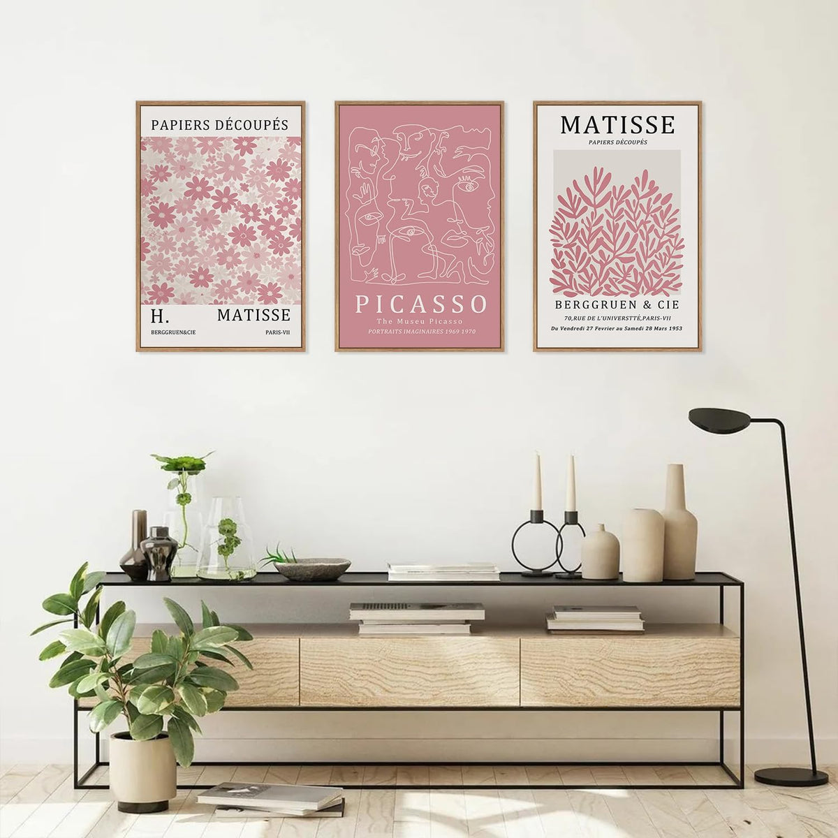 HLNIUC Matisse Pink Wall Art,Neutral Pink Flower Framed Canvas Wall Decor Set of 3(16”x24’) Modern