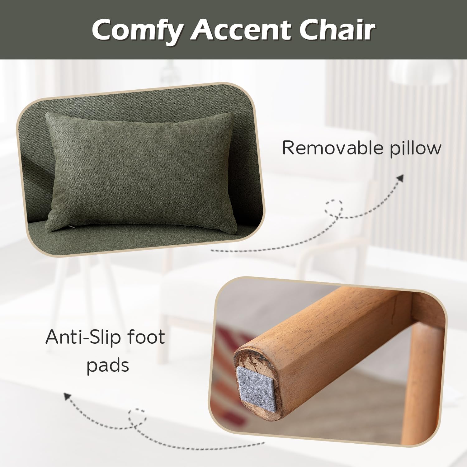 INZOY Mid Century Modern Accent Chair with High Back, Upholstered Living Room Chairs with Waist