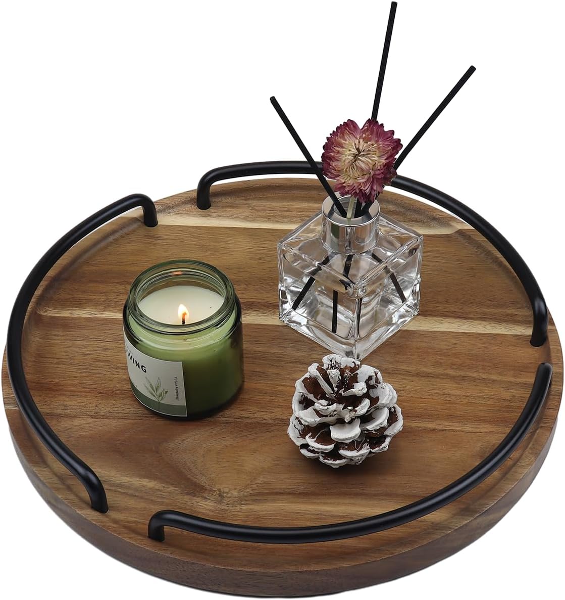 Round Wooden Serving Tray - Rustic Style Decorative Tray for Coffee Table, Living Room, Vanity