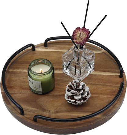 Round Wooden Serving Tray - Rustic Style Decorative Tray for Coffee Table, Living Room, Vanity