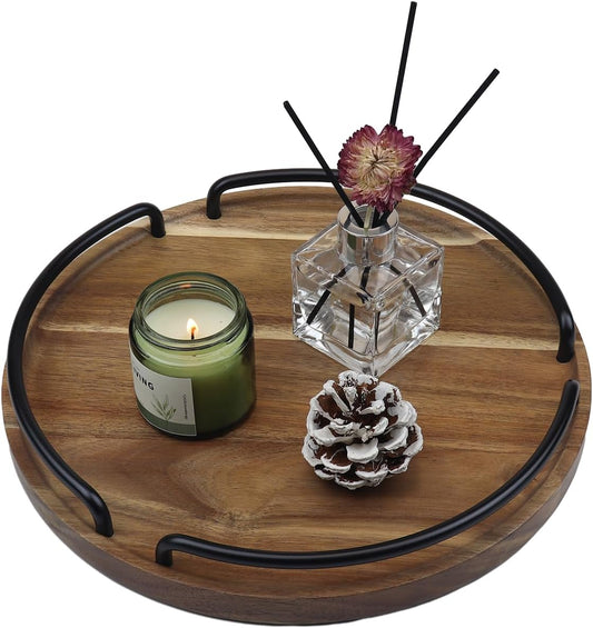Round Wooden Serving Tray - Rustic Style Decorative Tray for Coffee Table, Living Room, Vanity