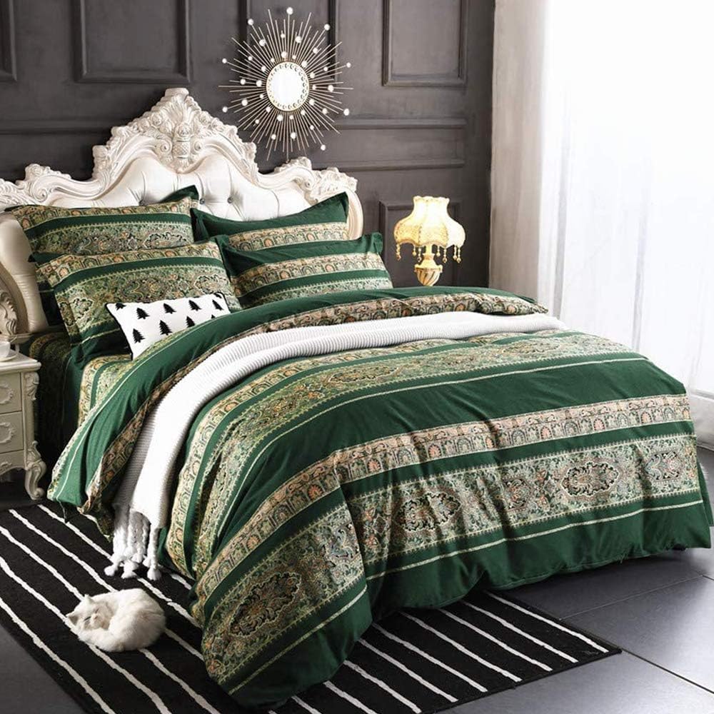 ABREEZE Bohemian Vintage Cal.King Size Floral Cotton Bedding Set 3Pcs Duvet Cover Set Boho Green