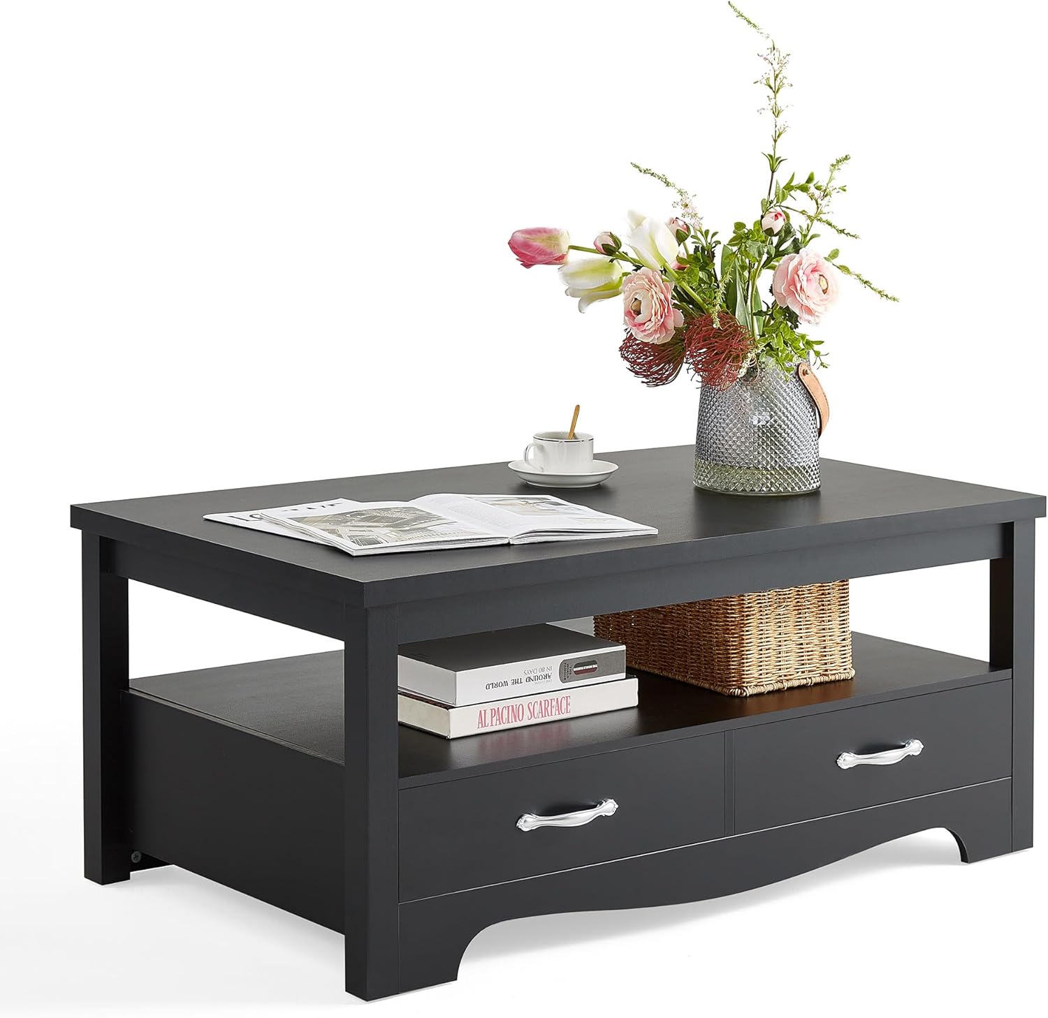 LINSY HOME Farmhouse Coffee Table with Storage, Wood Coffee Table for Living Room, Open Display