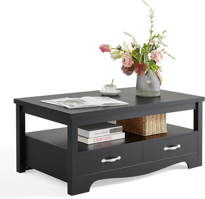 LINSY HOME Farmhouse Coffee Table with Storage, Wood Coffee Table for Living Room, Open Display