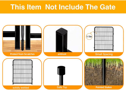 Doorless 56in(H) Black Metal Garden Fences and Borders, 10 Panels Total 22.1 Ft(L), Garden Fence