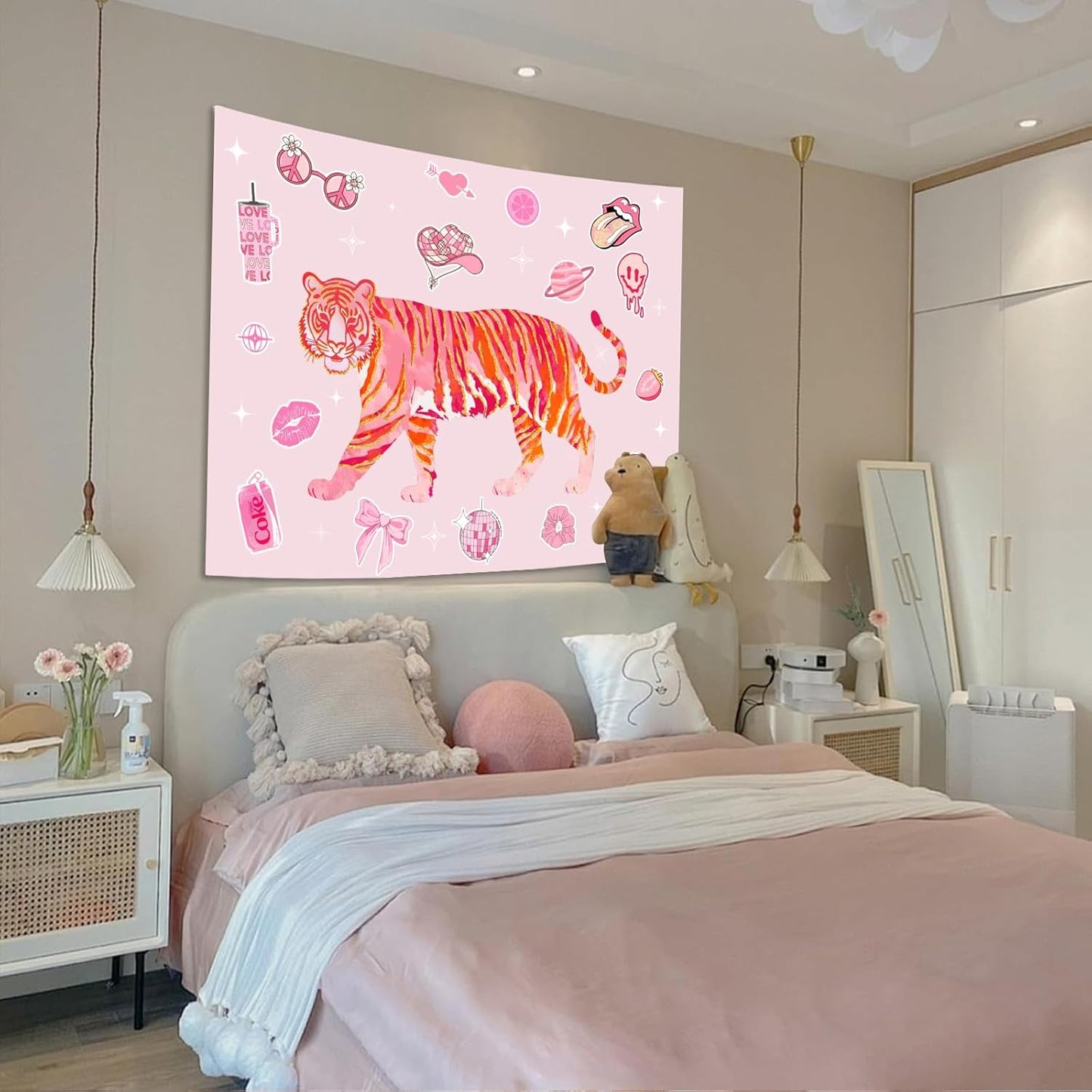 Lunerfex Y2K Tapestry Pink Tiger Wall Tapestry, Cute Tapestries for Bedroom Funny Tapestries Wall