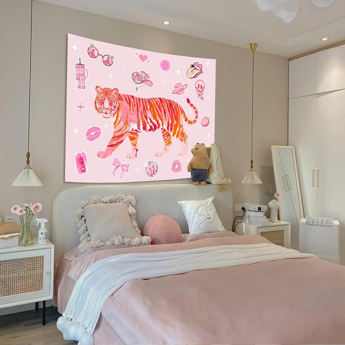 Lunerfex Y2K Tapestry Pink Tiger Wall Tapestry, Cute Tapestries for Bedroom Funny Tapestries Wall