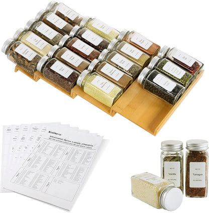 Spice Drawer Organizer with 18 Spice Jars,216 Labels,50 Non-slip Rubber, Bamboo 4 Tier Seasoning