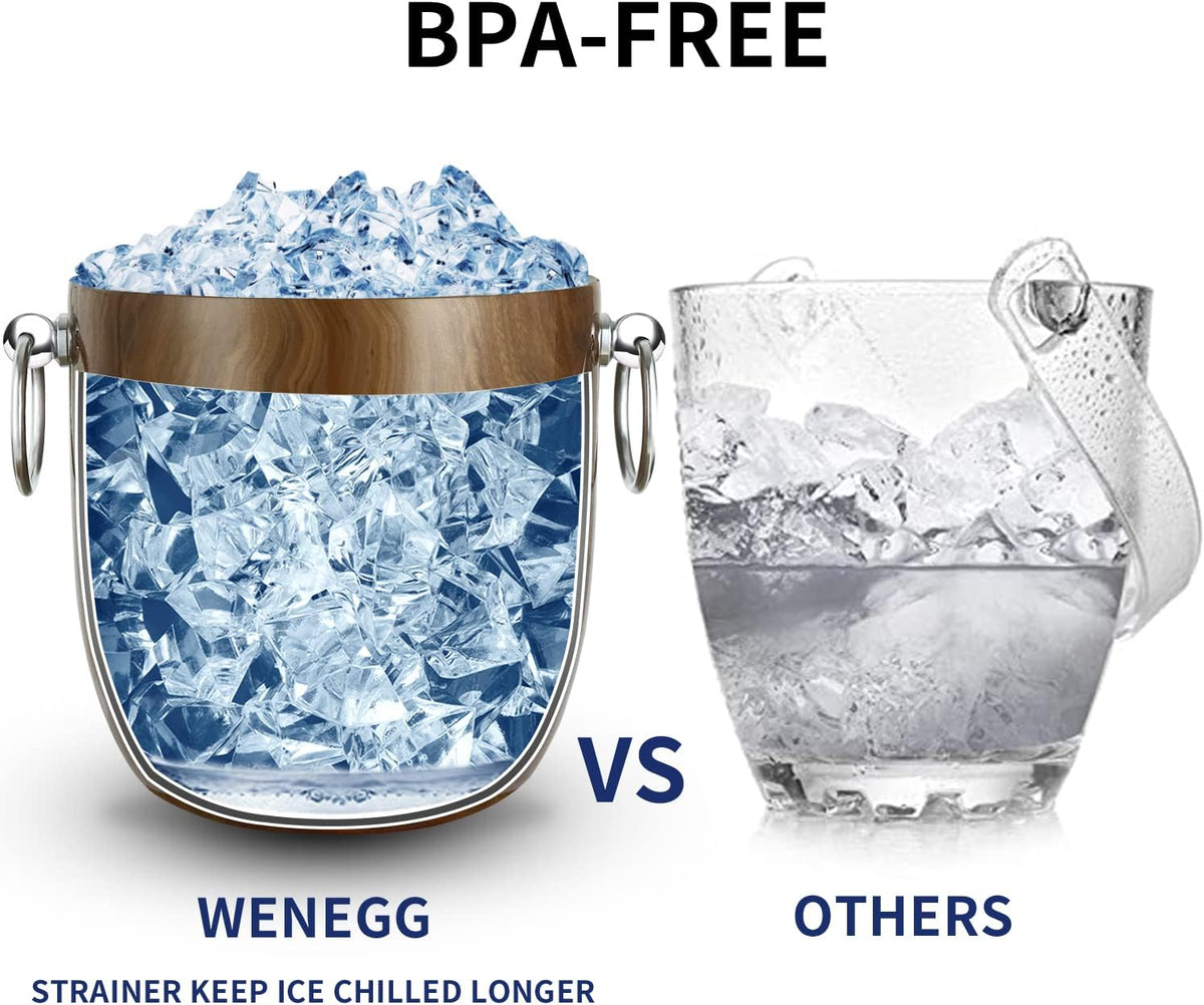 Ice Bucket with Lid, Scoop, Tongs and Strainer - Well Made Insulated Stainless Steel Keep Ice
