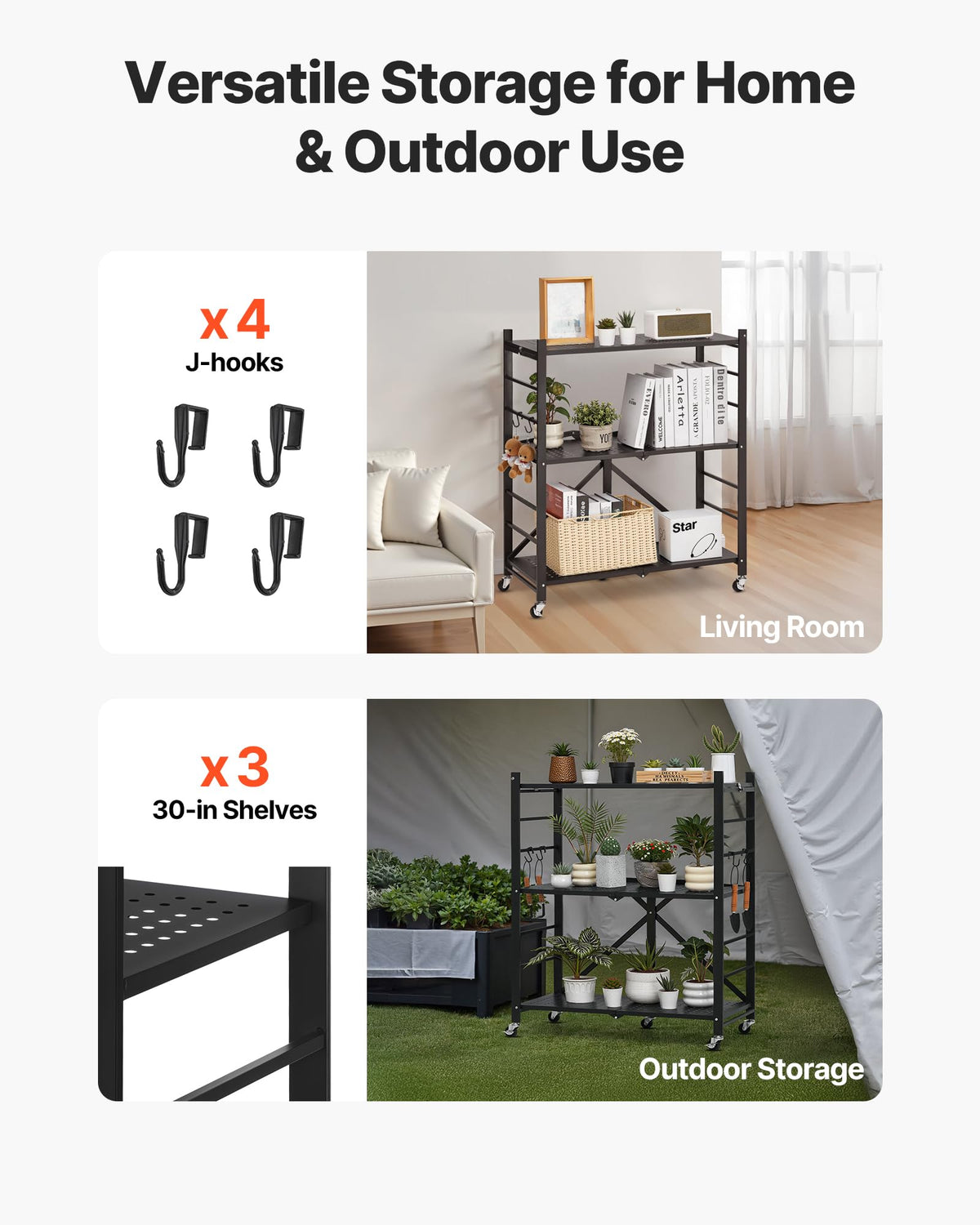 VEVOR 3-Tier Foldable Storage Shelf, 30W x 13D x 36H Inch Folding Metal Rack Shelving Unit, No