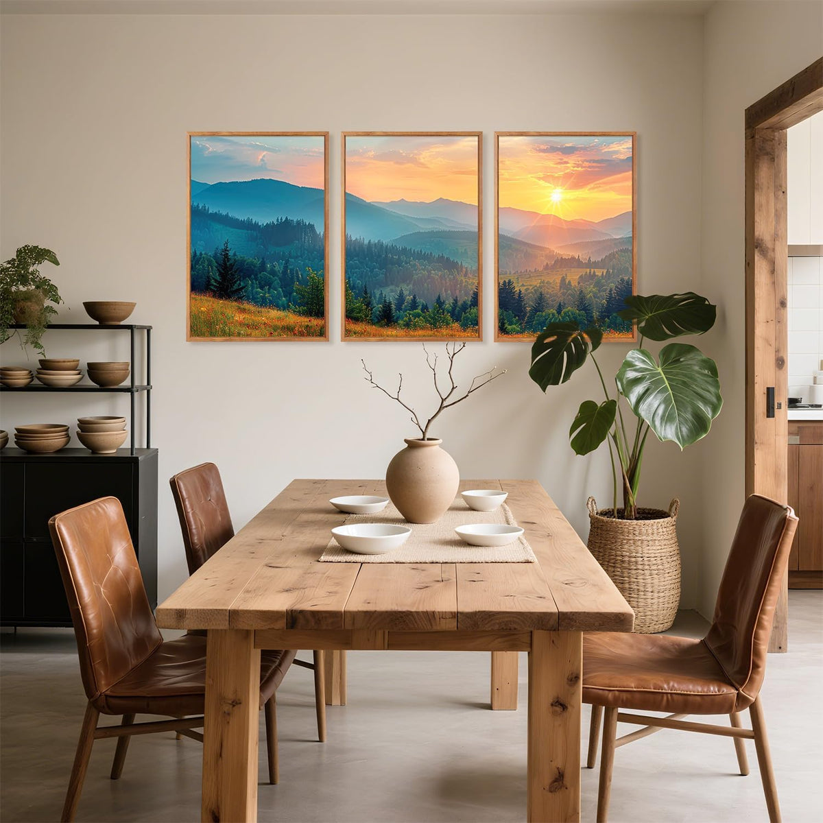 Aurlan Boho Mountain Sunset Landscape Framed Wall Art(16"x24"), 3PCS Green Blue Ridge Grand Teton
