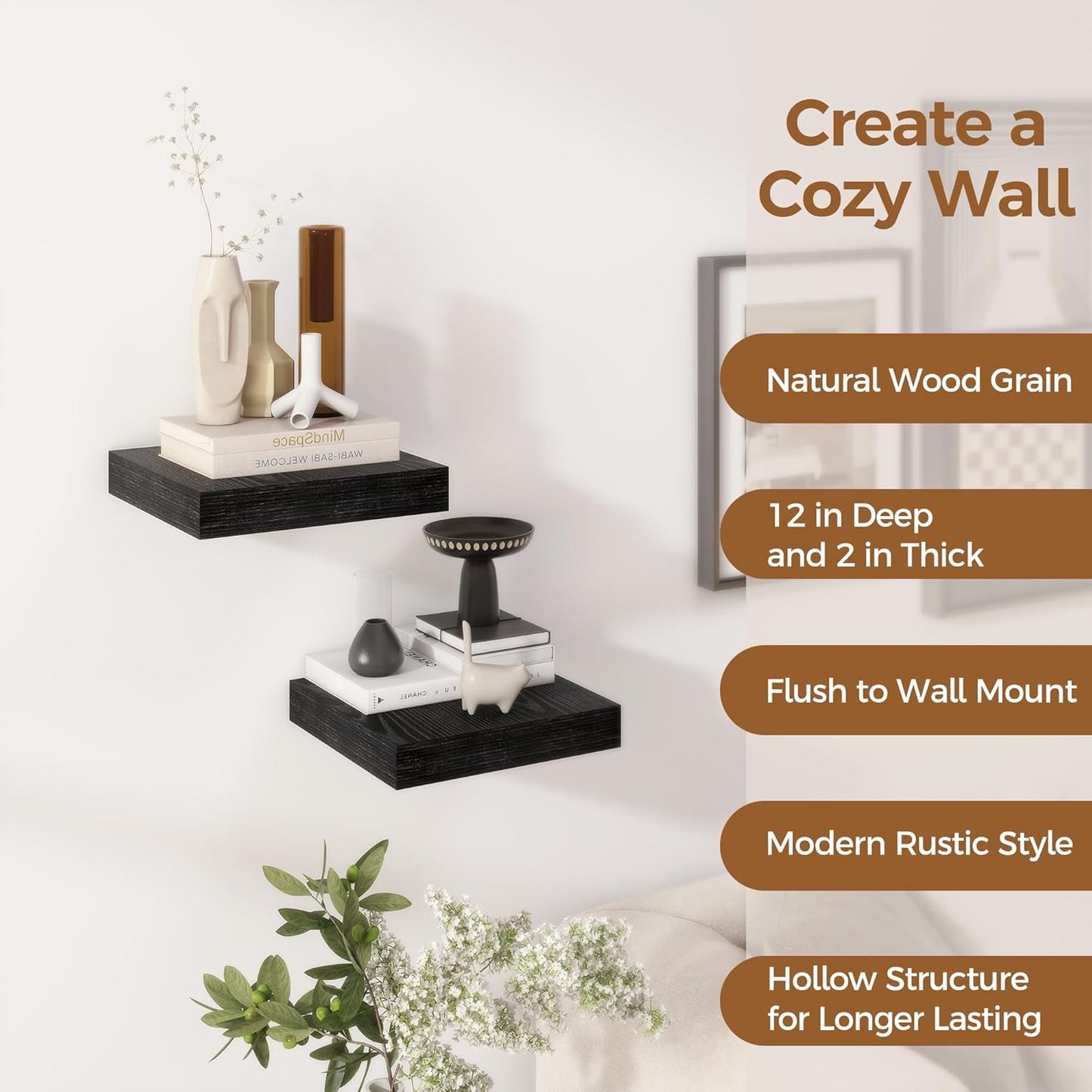 Fun Memories 12 Inch Floating Shelf, Rustic Wood Wall Shelves for Wall Decor & Storage, 12 x 12