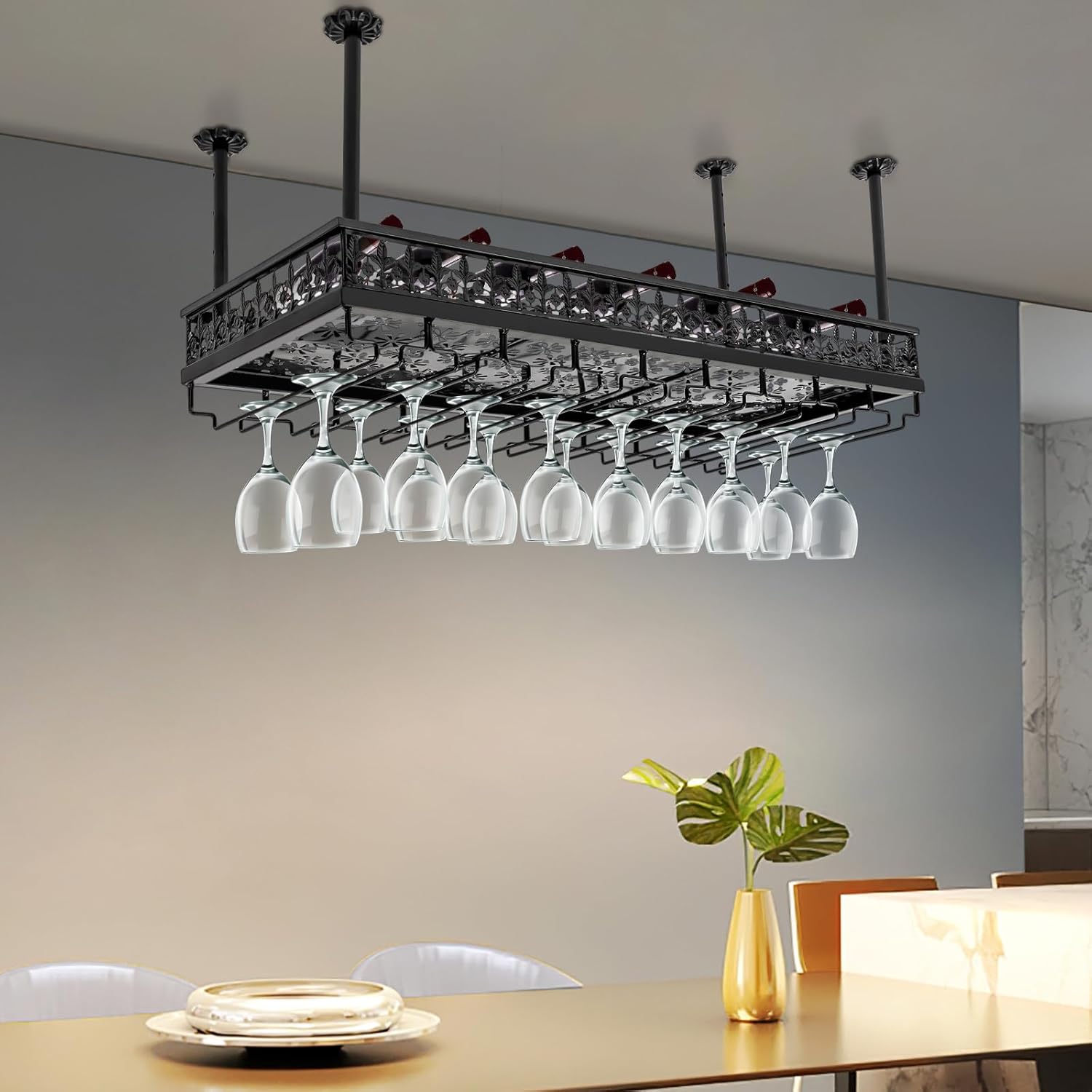 Hanging Wine Rack with Glass Holder, Ceiling Wine Glass Rack 13.78-21.65 inch Height Adjustable