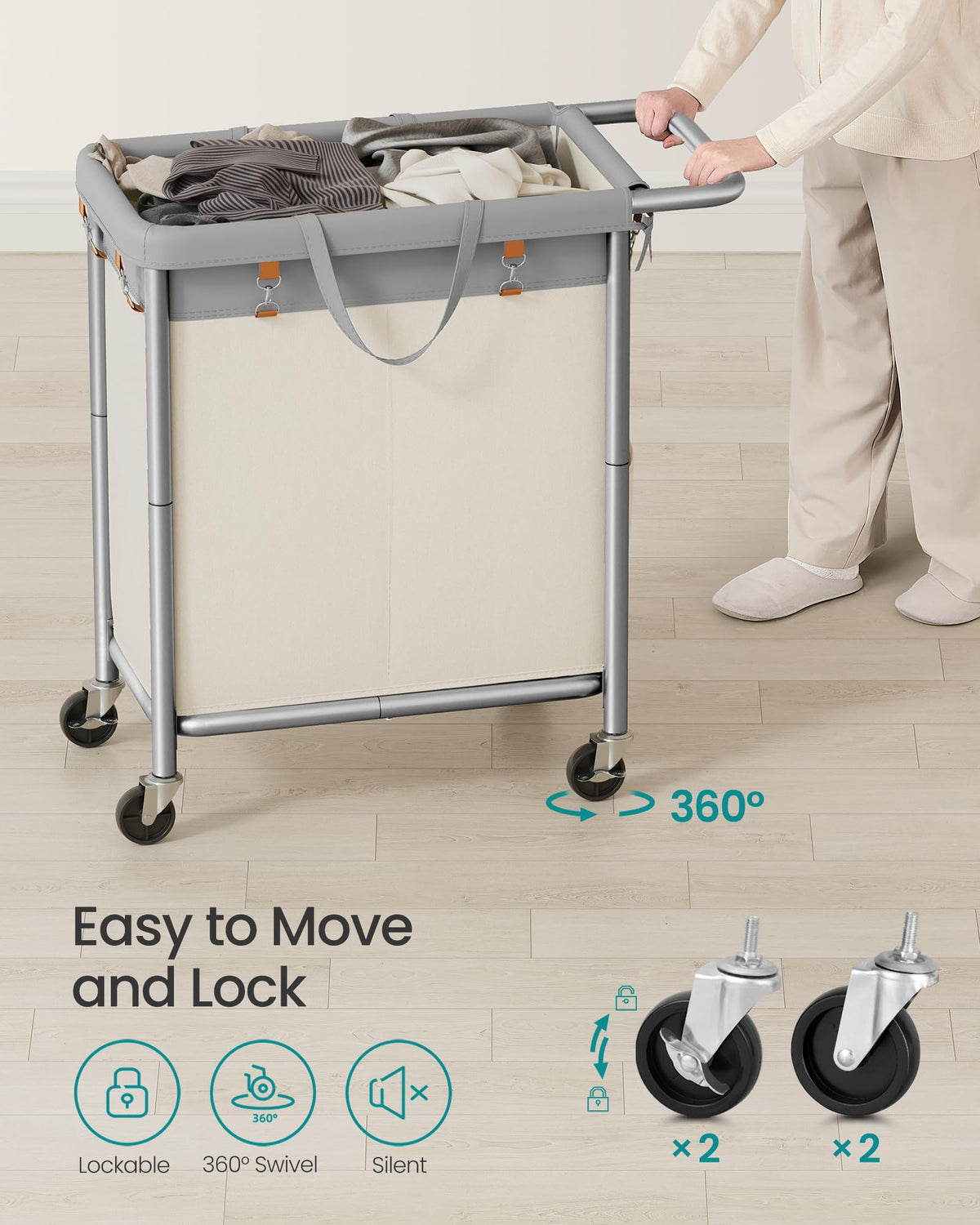 SONGMICS Laundry Basket with Wheels, 2-Section Rolling Laundry Hamper, 37 Gallons (140 L)