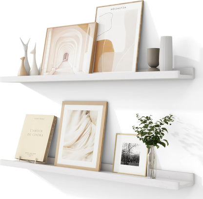 Solid Ash Wood Picture Ledge Shelf, 36 Inch Floating Shelves with Lip Set of 2, Photo Ledge Shelf