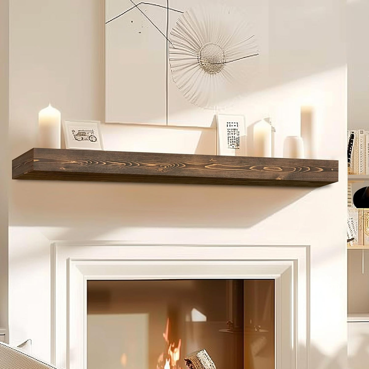 60x8x3 Fireplace Mantel - Handcrafted Hollow Rustic Solid Wood Wall Mounted Floating Shelf with