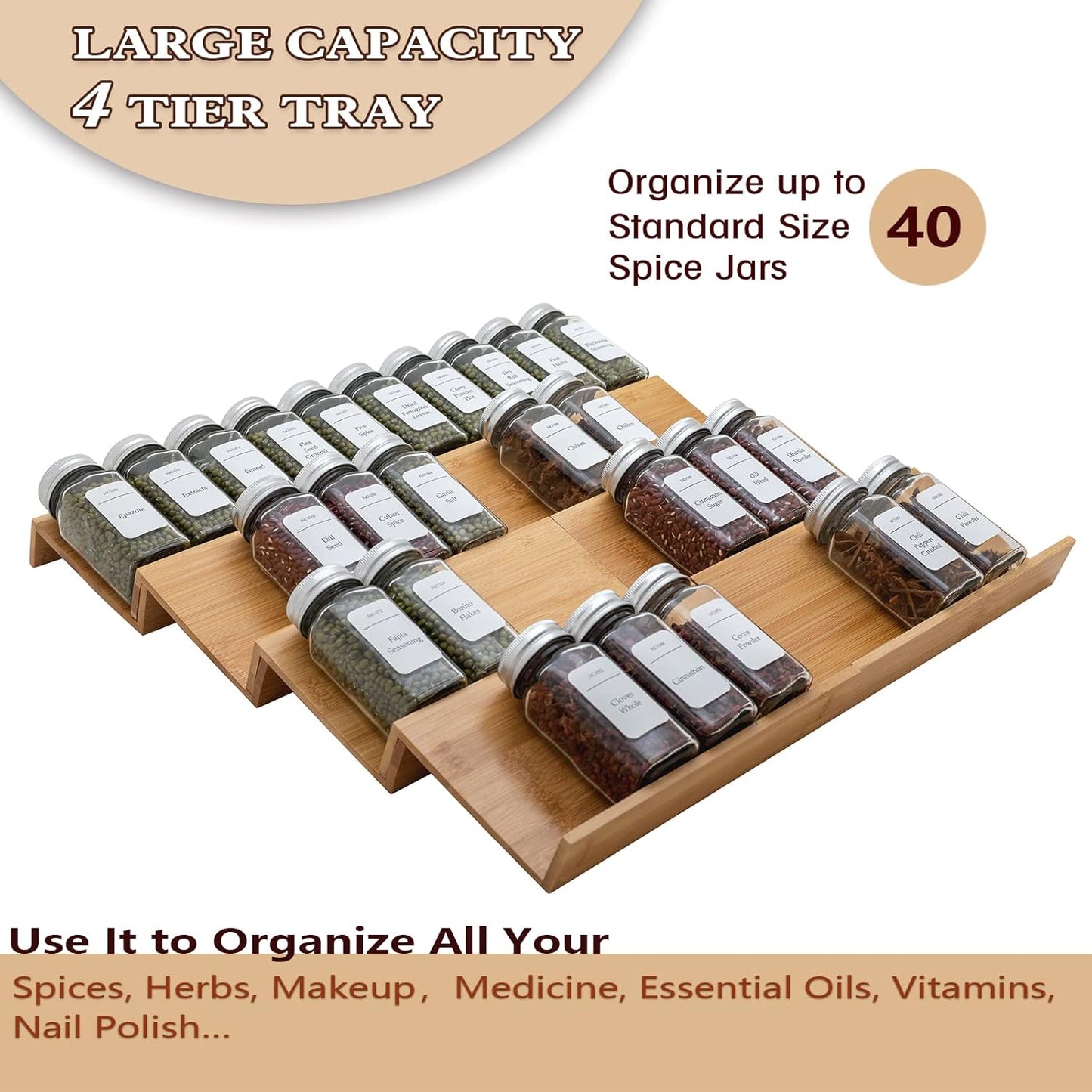 Bamboo Spice Rack Drawer Organizer - 8 Pieces Set- 9" Wide Per Piece - Combine Pieces Into 18" Wide