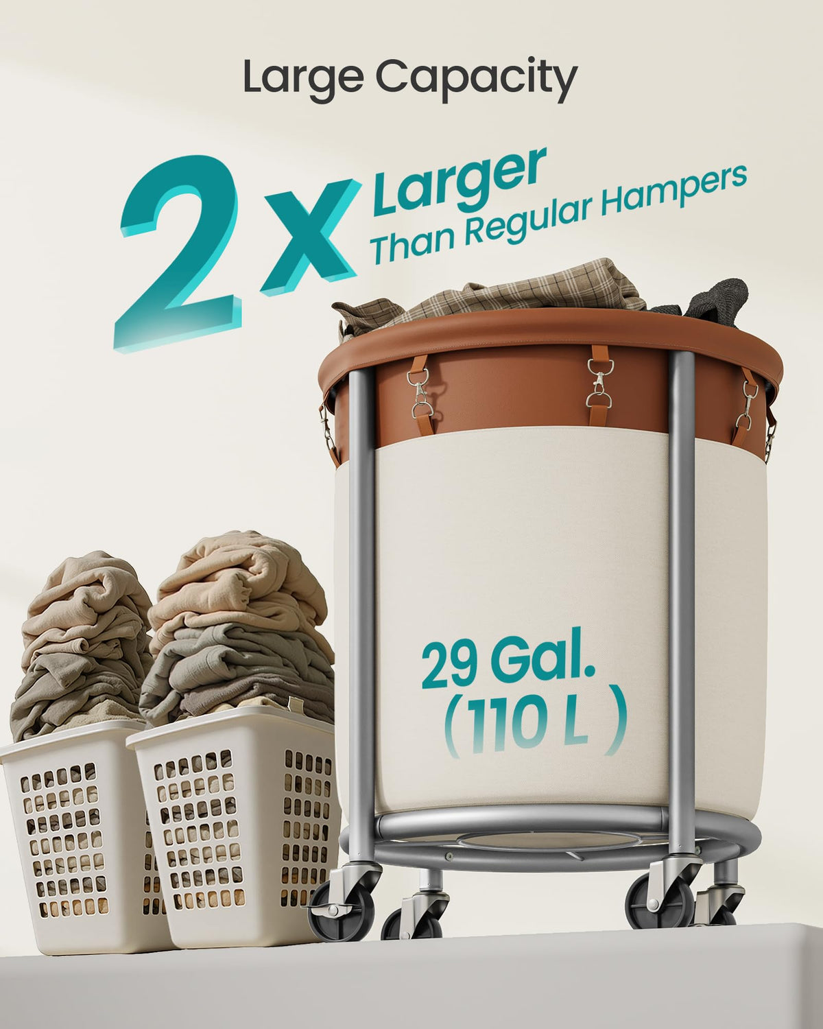 SONGMICS Laundry Basket with Wheels, 29 Gal., Steel Frame, Removable Bag