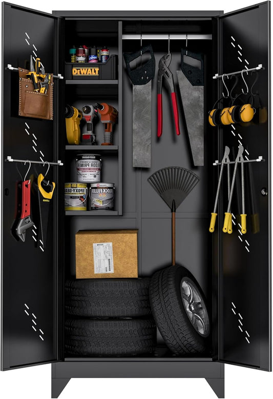 Metal Garage Storage Cabinet, 75” Cleaning Tool Cabinet with Hooks and Hanging Rods, Heavy Duty