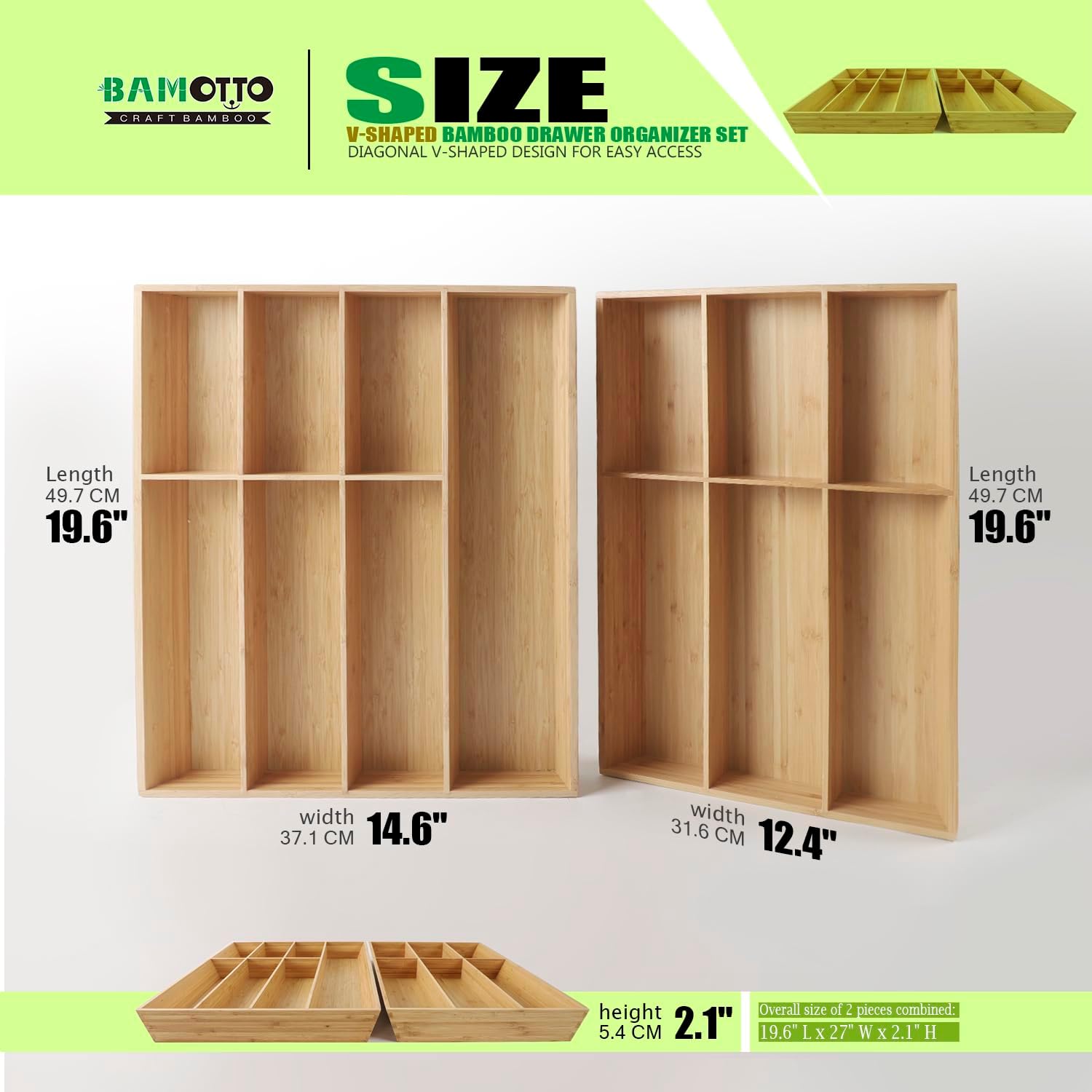 V-Shaped Extra Large Bamboo Drawer Organizer Set of 2, Kitchen Cutlery Tray Utensil Plate