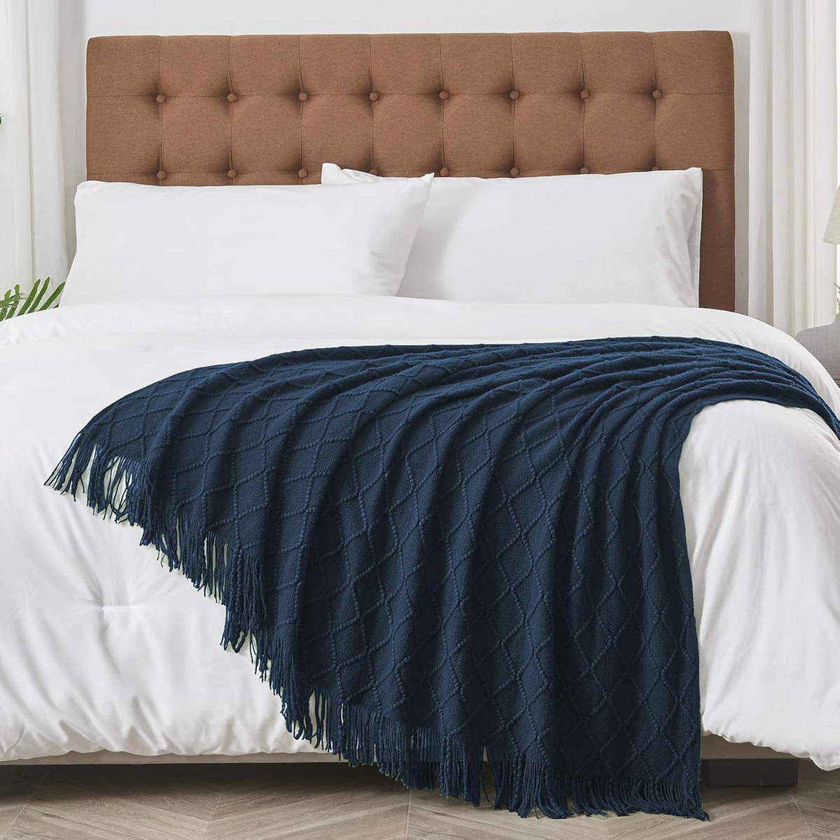 inhand Knitted Throw Blankets for Couch and Bed, Soft Cozy Knit Blanket with Tassel, Dark Blue
